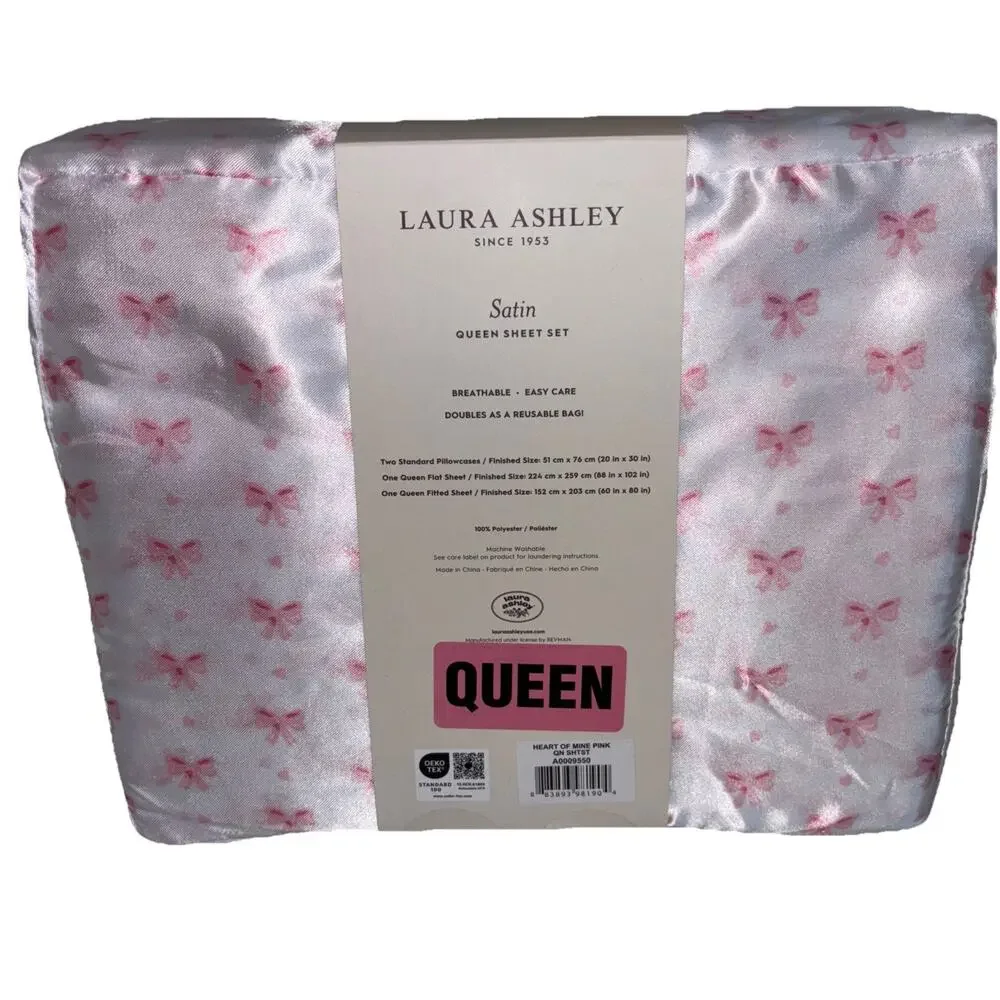 Laura Ashley Satin Queen Pink Bow Ribbon 4 Pc Deep Pocket Sheet Set NEW